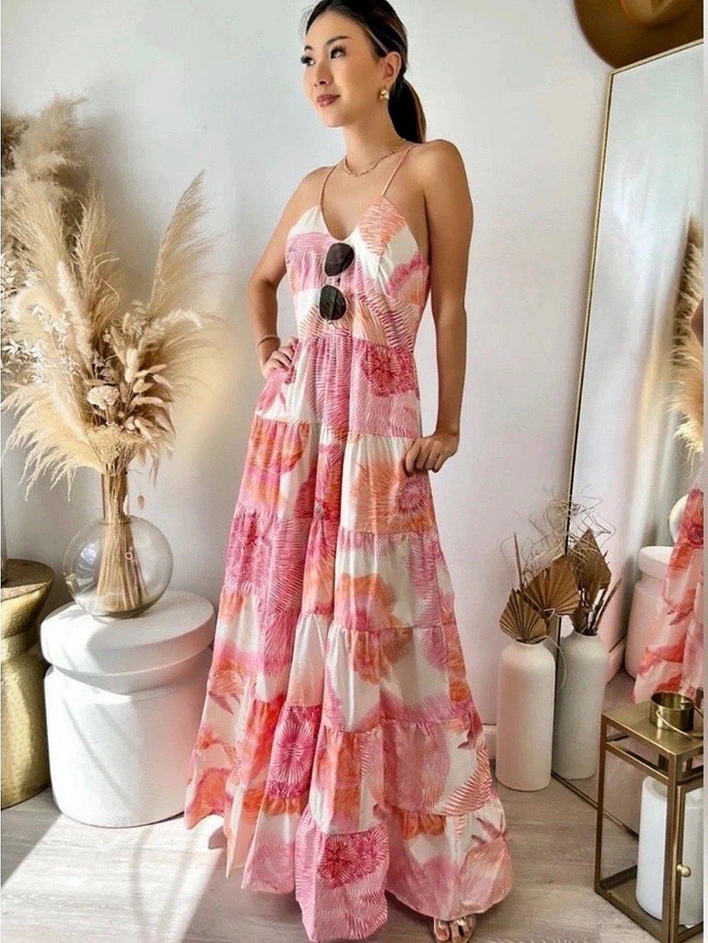 Hutch Astor Women's Abstract Print Maxi Dress Pink & Orange Size 8